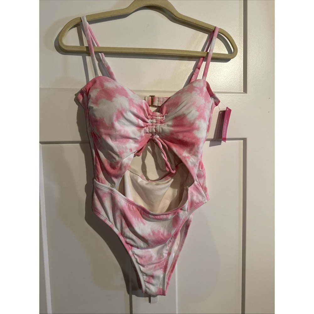 NWT Xhilaration Women's Shoulder Tie One Piece Swimsuit Large 8-10 Pink Tie Dye